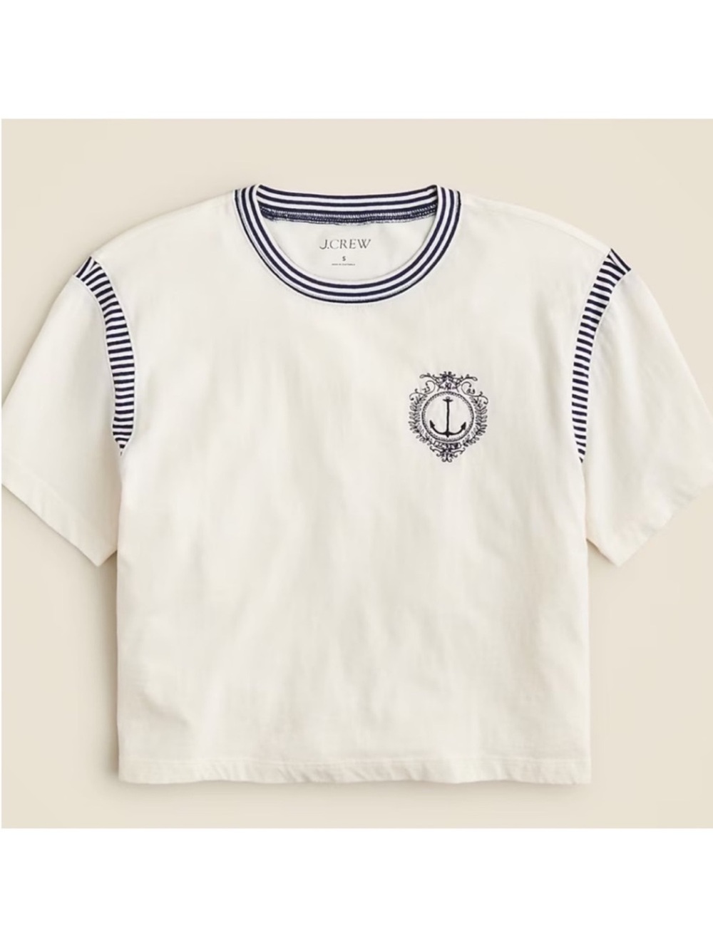 NWT J. Crew White Short-Sleeve Embroidered Nautical Anchor Tee with Navy Trim